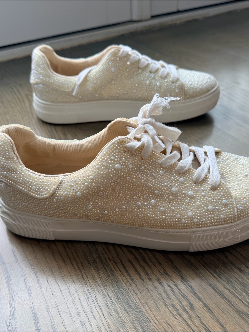 Betsy Kohnson Embellished white/ Cream Women's Lace-Up Sneakers with pearls - Picture 8 of 10